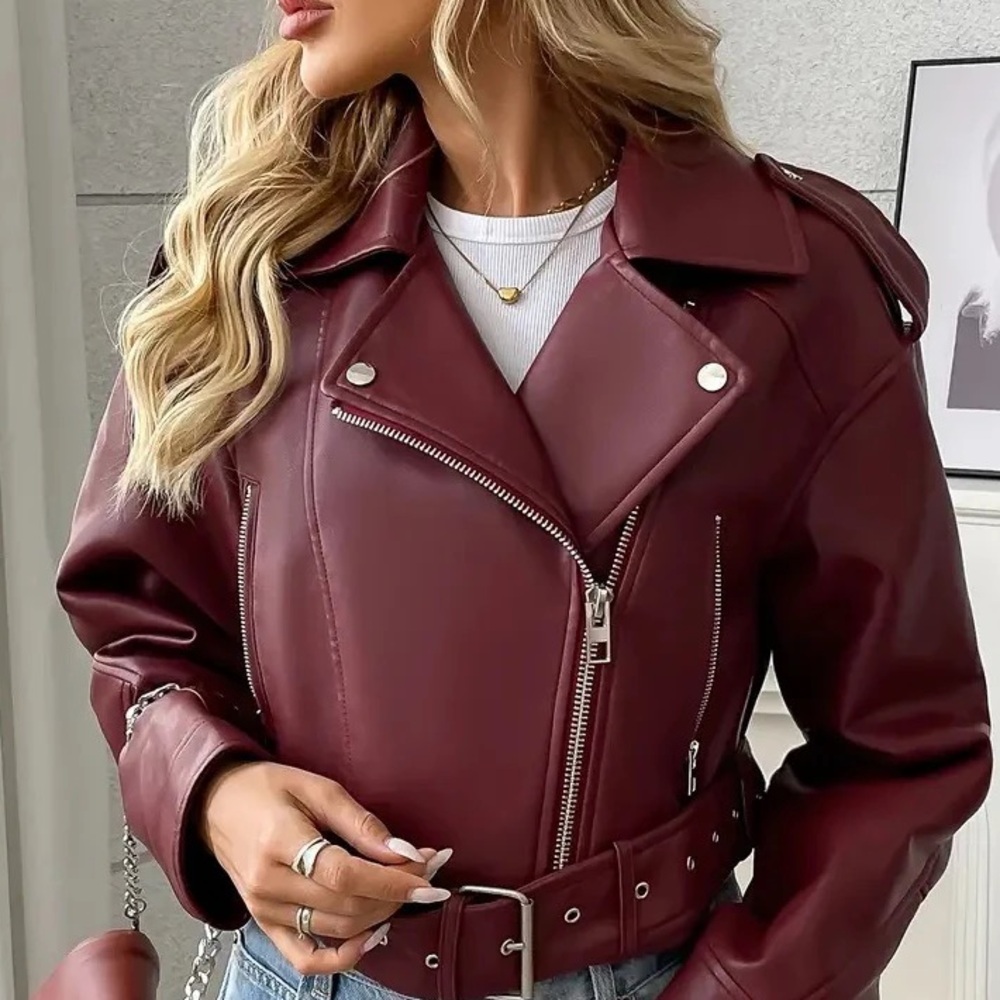 Women's Burgundy faux Leather Jacket blazer - Picture 1 of 4